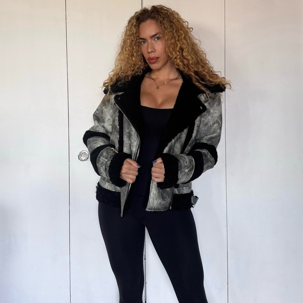 MARBLED VEGAN LEATHER BORG BIKER JACKET